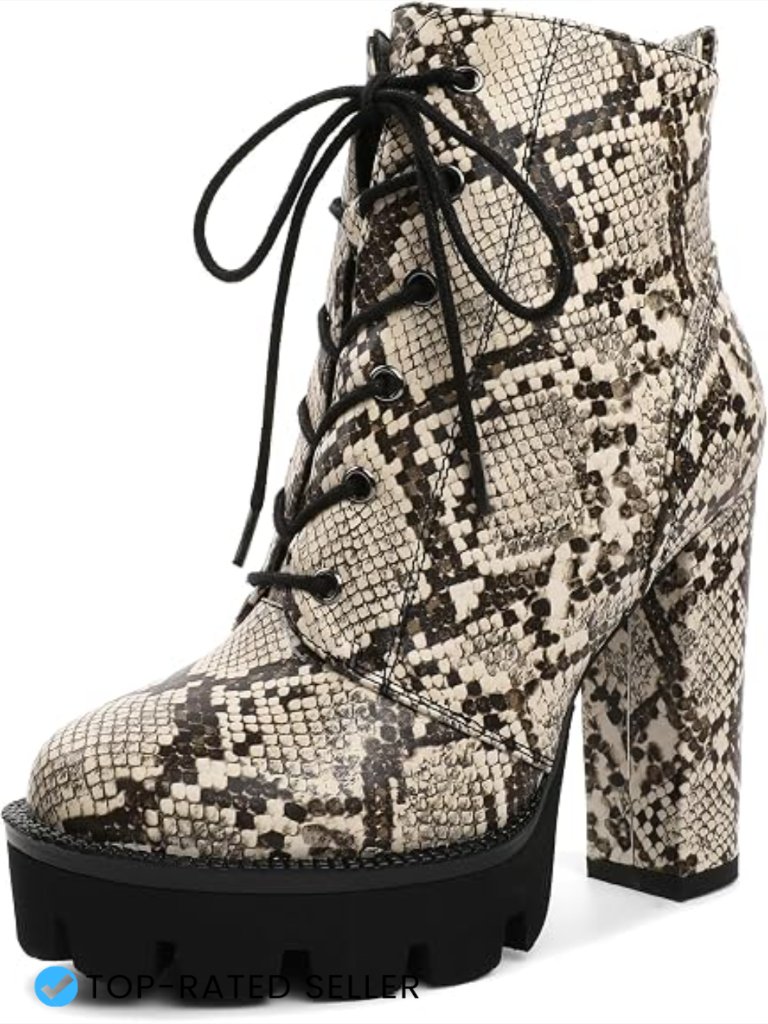 Womens Platform Lace Up Ankle Boots Chunky Block High Heels Side Zipper Short